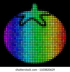 Pixelated impressive halftone tomato vegetable icon in spectrum color shades with horizontal gradient on a black background. Color vector mosaic of tomato vegetable pictogram made with square dots.