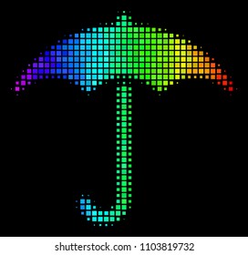 Pixelated impressive halftone umbrella icon using rainbow color shades with horizontal gradient on a black background.