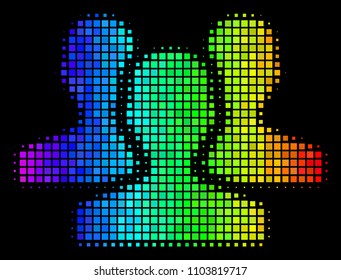 Pixelated impressive halftone users icon using spectral color hues with horizontal gradient on a black background. Color vector concept of users symbol designed from rectangle particles.