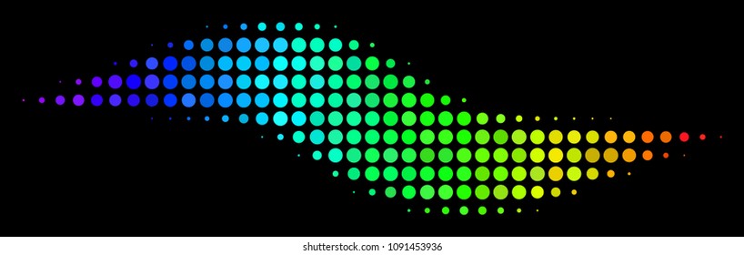 Pixelated impressive halftone wave shape icon using spectral color tints with horizontal gradient on a black background. Color vector pattern of wave shape pictogram organized from spheric particles.