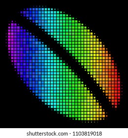 Pixelated impressive halftone wheat seed icon drawn with rainbow color shades with horizontal gradient on a black background.