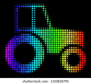 Pixelated impressive halftone wheeled tractor icon in rainbow color hues with horizontal gradient on a black background.