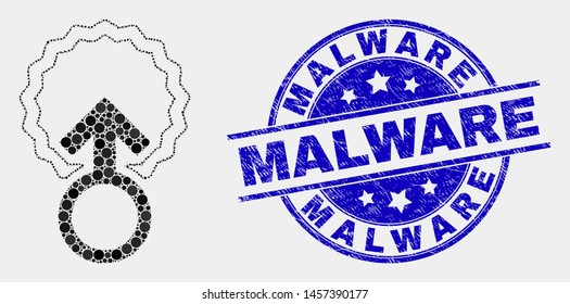 Pixelated insemination mosaic icon and Malware seal stamp. Blue vector round scratched seal stamp with Malware message. Vector collage in flat style.