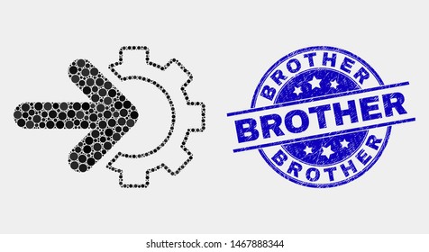 Pixelated integration gear mosaic pictogram and Brother seal. Blue vector round textured seal stamp with Brother caption. Vector combination in flat style.