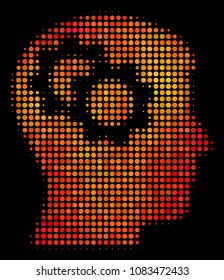 Pixelated intellect gears icon. Bright pictogram in hot color variations on a black background. Vector halftone concept of intellect gears symbol combined of round dots.