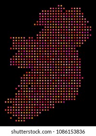 Pixelated Ireland Island map. Vector geographic plan in red color tones on a black background. Abstract mosaic of Ireland Island map organized of regular square small elements.