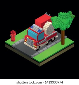 Pixelated isometric 3D fire truck concept