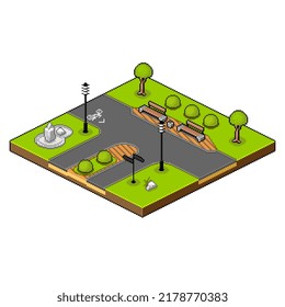 Pixelated isometric park with trees, paths, paving and street lantern. Modern style.