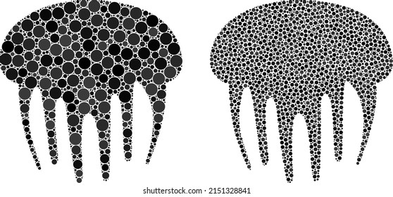 Pixelated jelly fish icon. Mosaic jelly fish icon united from spheric parts in various sizes and color hues. Vector spheric dots are united into mosaic jelly fish icon.