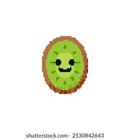 Icono de kiwi pixelado con una cara sonriente. Pixel retro de una alegre rebanada de kiwi con un diseño divertido.