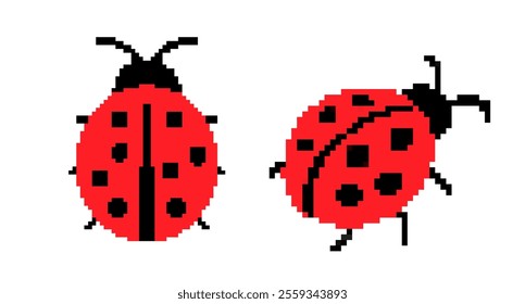 Pixelated ladybug. Simple pixel art red ladybug with black spots and antennae