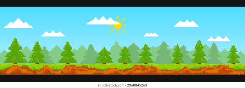 Pixelated landscape background with sky, clouds, sun, trees, bushes, create various scenes and levels in 8 bit games. 