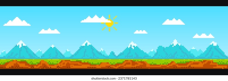 Pixelated landscape background with sky, clouds, sun, mountains, snow, earth to create various scenes and levels in 8 bit games.