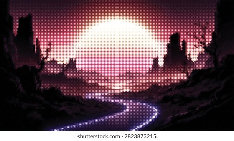 Pixelated landscape featuring grand sun, winding river, and imposing rock formations. abstract fantasy art.