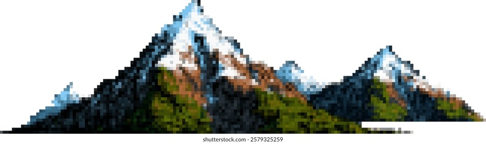 A pixelated landscape featuring a range of mountains with snow-capped peaks and green valleys. The mountains are depicted in a stylized, digital art form.