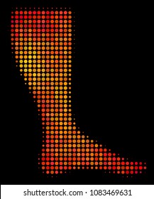 Pixelated leg icon. Bright pictogram in hot color tints on a black background. Vector halftone collage of leg symbol composed of spheric dots.