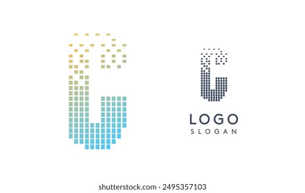 Pixelated Letter C transitioning into scattered pixels with gradient colors creating modern, digital effect like equalizer. Abstract logo for tech software and digital media. Vector illustration.