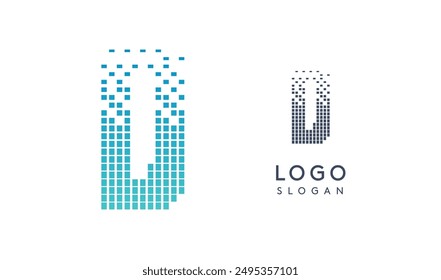Pixelated Letter D transitioning into scattered pixels with gradient colors creating modern, digital effect like equalizer. Abstract logo for tech software and digital media. Vector illustration.