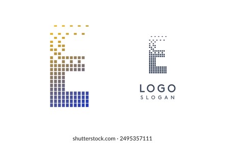 Pixelated Letter E transitioning into scattered pixels with gradient colors creating modern, digital effect like equalizer. Abstract logo for tech software and digital media. Vector illustration.