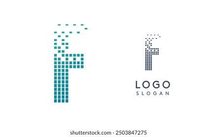 Pixelated Letter F transitioning into scattered pixels with gradient colors creating modern, digital effect like equalizer. Abstract logo for tech software and digital media. Vector illustration.