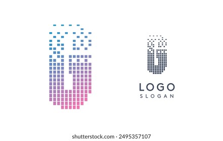 Pixelated Letter G transitioning into scattered pixels with gradient colors creating modern, digital effect like equalizer. Abstract logo for tech software and digital media. Vector illustration.