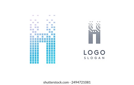 Letra H pixelada que se convierte en píxeles dispersos con colores degradados que crean un efecto digital moderno como el ecualizador. Logo Abstractas para software tecnológico y medios digitales. Ilustración vectorial.