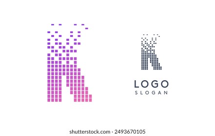 Pixelated Letter K transitioning into scattered pixels with gradient colors creating modern, digital effect like equalizer. Abstract logo for tech software and digital media. Vector illustration.