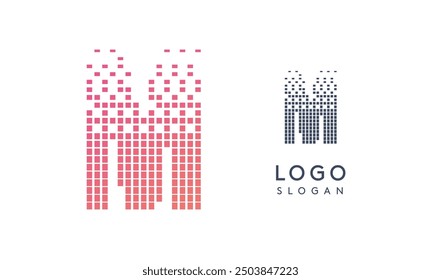 Pixelated Letter M transitioning into scattered pixels with gradient colors creating modern, digital effect like equalizer. Abstract logo for tech software and digital media. Vector illustration.