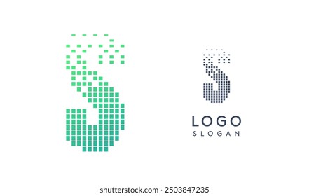 Pixelated Letter S transitioning into scattered pixels with gradient colors creating modern, digital effect like equalizer. Abstract logo for tech software and digital media. Vector illustration.