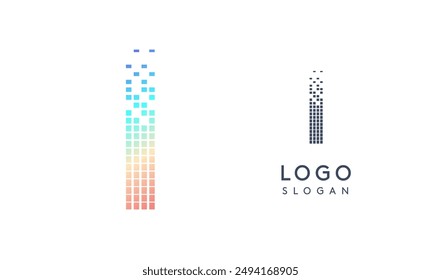 Verpixelter Buchstabe I, der in verstreute Pixel mit Farbverlaufsfarben übergeht, die einen modernen, digitalen Effekt wie einen Equalizer erzeugen. Abstraktes Logo für technische Software und Digitalmedien. Vektorillustration.