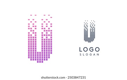 Pixelated Letter U transitioning into scattered pixels with gradient colors creating modern, digital effect like equalizer. Abstract logo for tech software and digital media. Vector illustration.