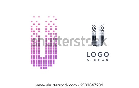 Pixelated Letter U transitioning into scattered pixels with gradient colors creating modern, digital effect like equalizer. Abstract logo for tech software and digital media. Vector illustration.