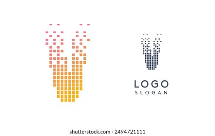 Pixelated Letter V transitioning into scattered pixels with gradient colors creating modern, digital effect like equalizer. Abstract logo for tech software and digital media. Vector illustration.