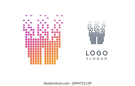 Pixelated Letter W transitioning into scattered pixels with gradient colors creating modern, digital effect like equalizer. Abstract logo for tech software and digital media. Vector illustration.