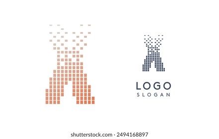 Pixelated Letter X transitioning into scattered pixels with gradient colors creating modern, digital effect like equalizer. Abstract logo for tech software and digital media. Vector illustration.
