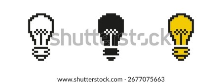 Pixelated Lightbulb Icon Set. Idea and Creativity Symbol in Pixel Art Style. Innovation, Energy, and Bright Ideas. Inspiration and Creative Thought. Isolated Vector Illustration.