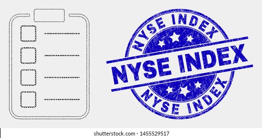Pixelated list items pad mosaic icon and Nyse Index seal. Blue vector round grunge seal with Nyse Index text. Vector composition in flat style.