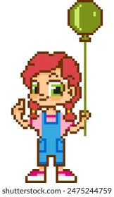 Pixelated little girl with red hair and a balloon in her hand on a white isolated background. Vector avatar for social networks, web games, logo, brand.