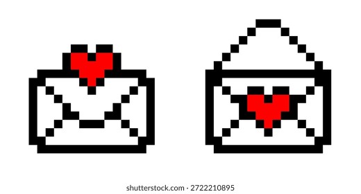 Envolvente de correo de carta de amor pixelado con icono de corazón rojo en estilo de videojuego vintage diseñado para gráficos de juegos de arcade Arte vectorial de fondo romántico y lindo estilo digital