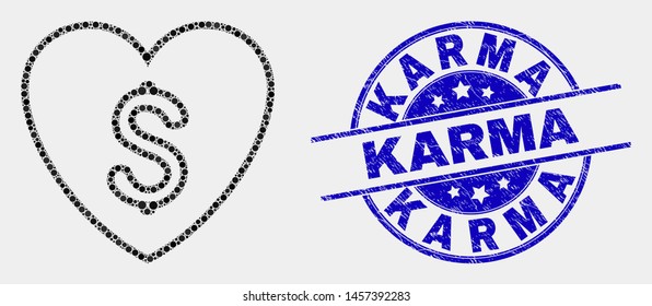 Pixelated love price mosaic icon and Karma seal stamp. Blue vector round scratched stamp with Karma title. Vector composition in flat style. Black isolated love price mosaic of scattered circles,