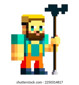 pixelated man in work uniform and with a staff in his hand. character from 8 bit game. flat vector illustration