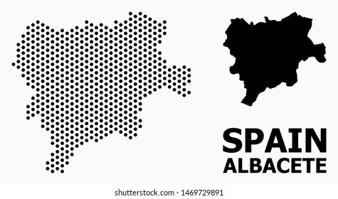 Pixelated map of Albacete Province composition and solid illustration. Vector map of Albacete Province composition of round pixels with honeycomb periodic pattern on a white background.