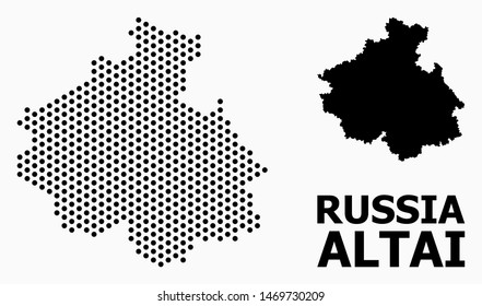 Pixelated map of Altai Republic composition and solid illustration. Vector map of Altai Republic composition of spheric points with honeycomb periodic pattern on a white background.