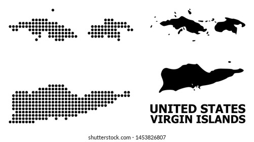 Pixelated map of American Virgin Islands composition and solid illustration. Vector map of American Virgin Islands composition of round spots on a white background.