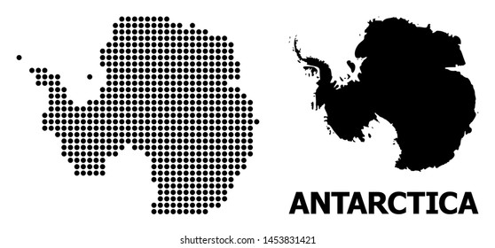 Pixelated map of Antarctica collage and solid illustration. Vector map of Antarctica combination of spheric elements on a white background. Abstract flat territorial scheme for education purposes.