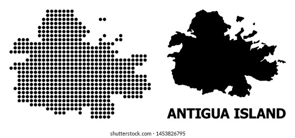 Pixelated map of Antigua Island composition and solid illustration. Vector map of Antigua Island composition of circle dots on a white background.