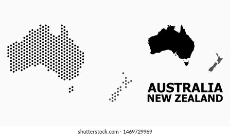 Pixelated map of Australia and New Zealand composition and solid illustration. Vector map of Australia and New Zealand composition of circle pixels with hexagonal periodic array on a white background.