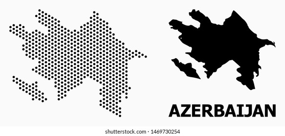 Pixelated map of Azerbaijan composition and solid illustration. Vector map of Azerbaijan composition of spheric dots with honeycomb periodic array on a white background.