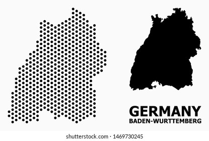 Pixelated map of Baden-Wurttemberg State composition and solid illustration. Vector map of Baden-Wurttemberg State composition of round elements with hexagonal periodic array on a white background.