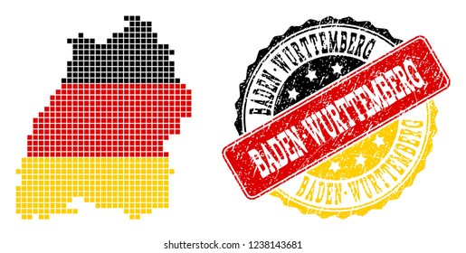 Pixelated map of Baden-Wurttemberg State and stamp seal. Dotted map of Baden-Wurttemberg State has German flag colors. Vector rubber watermark has official colors of Germany flag.